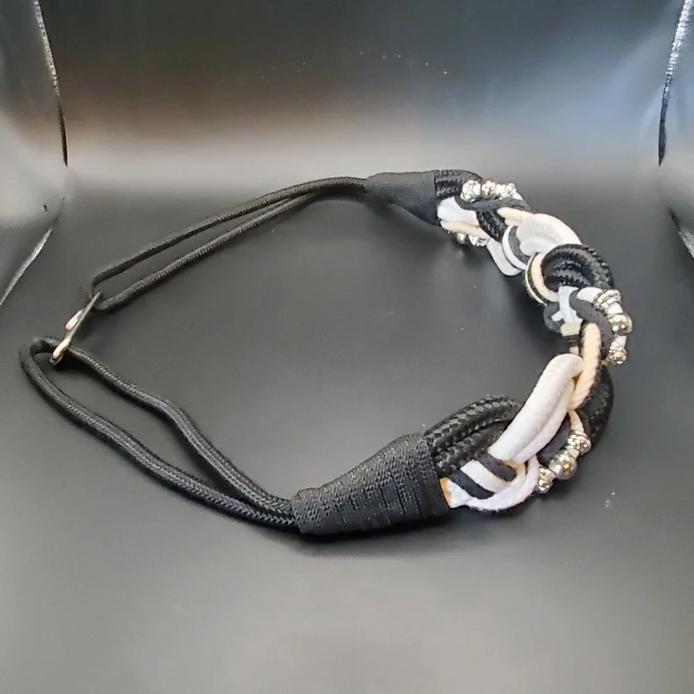 Retro 80's‎ Women's Belt Cumberbund Black Fabric Rope Twisted W/Silver Beads